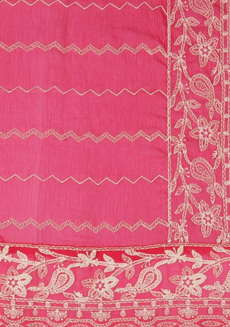 Pink And Off White Ethnic Motifs Embroidered Dupatta With Chikankari Details