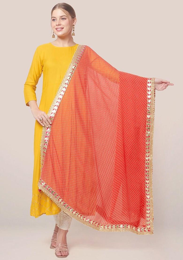 Orange And Gold Toned Printed Bandhani Dupatta With Gotta Patti