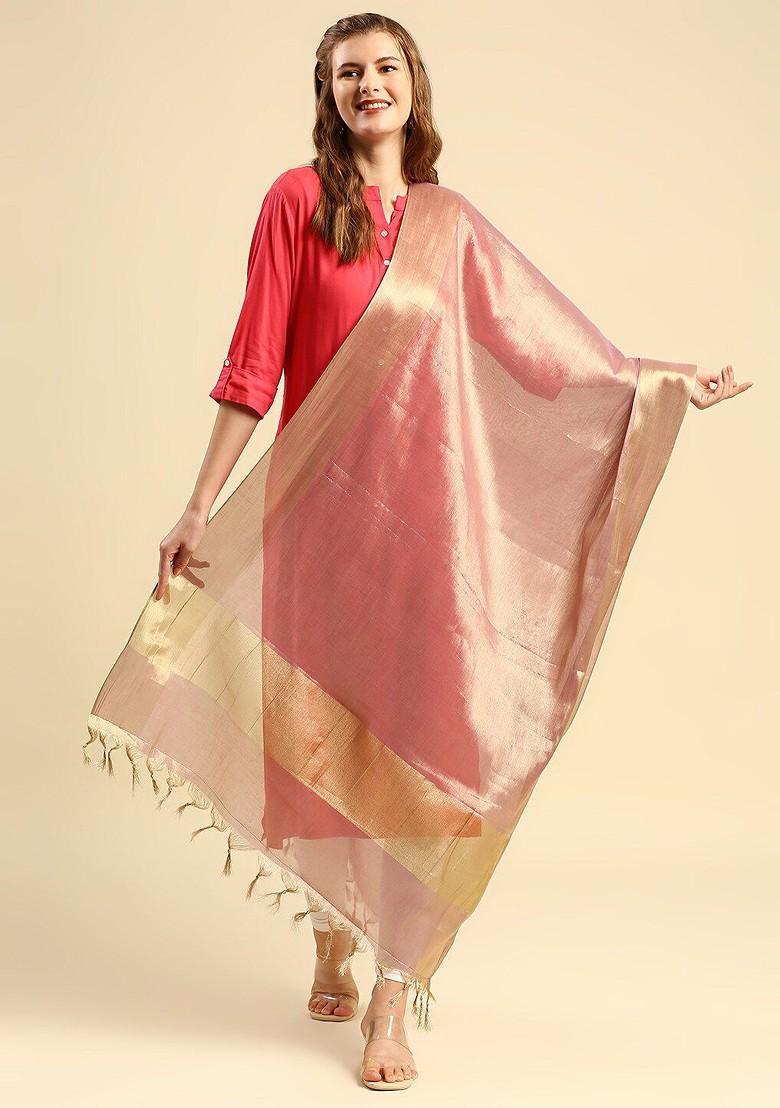 Pink And Gold Toned Dupatta With Zari