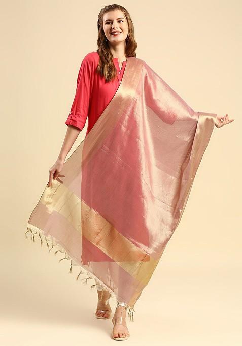 Pink And Gold Toned Dupatta With Zari
