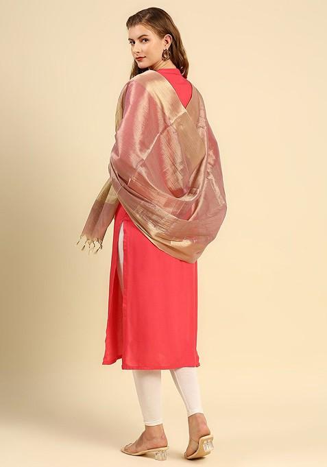 Pink And Gold Toned Dupatta With Zari