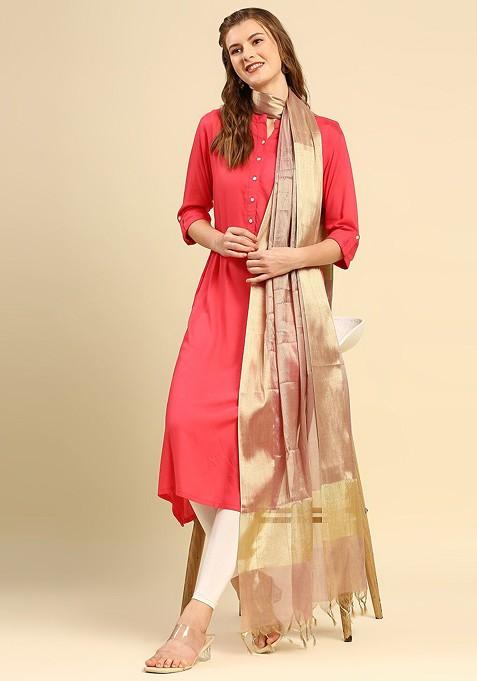 Pink And Gold Toned Dupatta With Zari