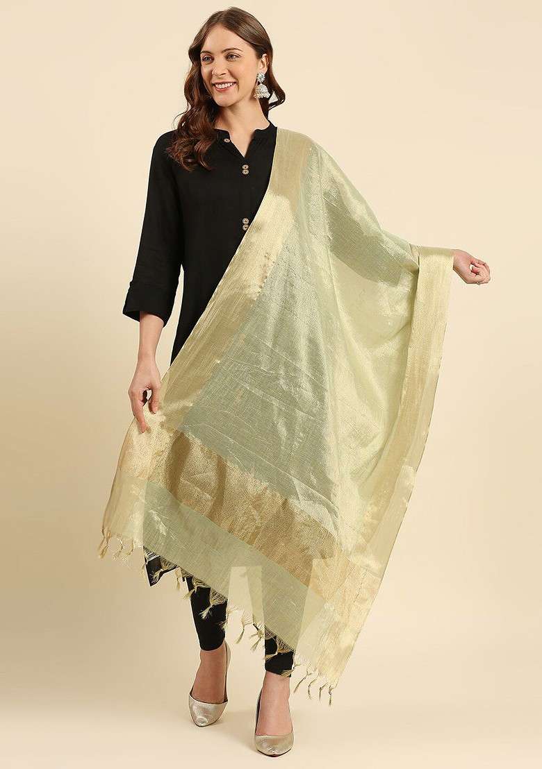 Green And Gold Toned Woven Design Dupatta - Indya