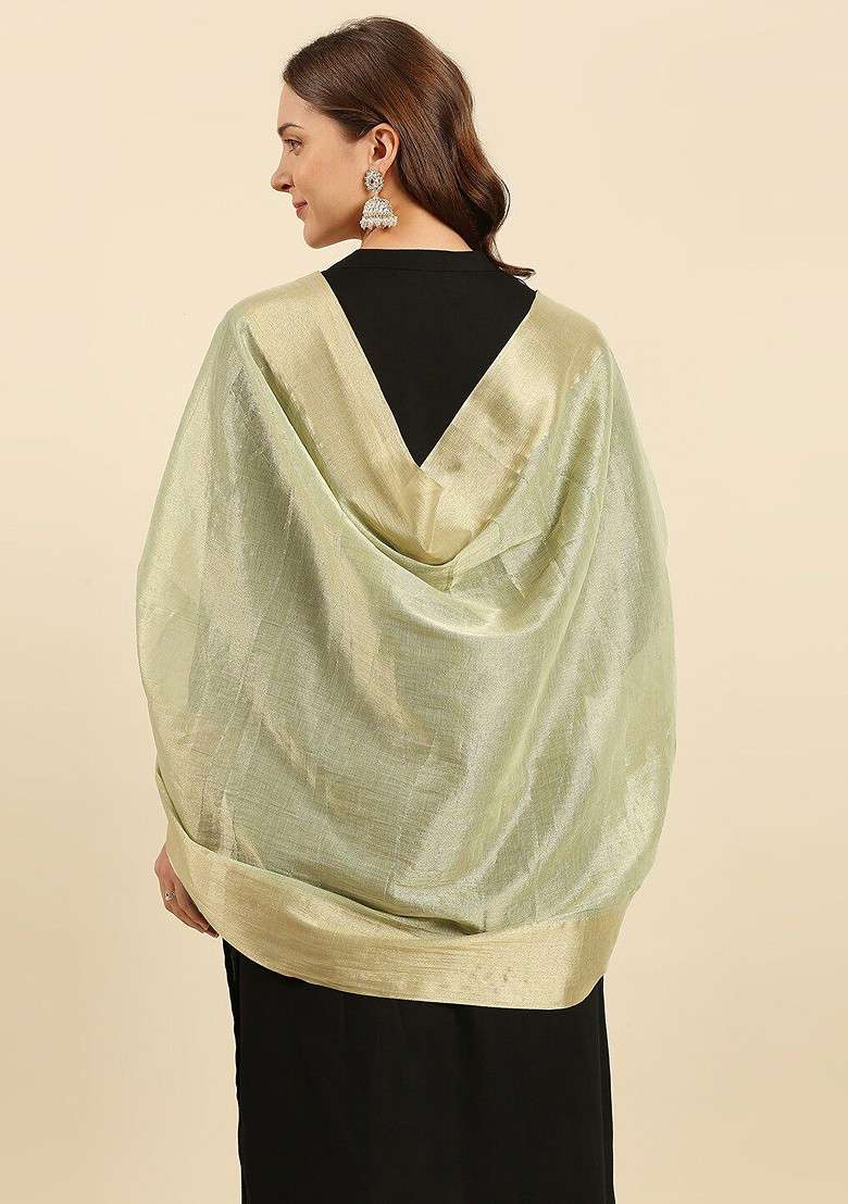 Green And Gold Toned Woven Design Dupatta - Indya