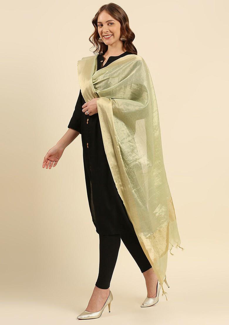 Green And Gold Toned Woven Design Dupatta