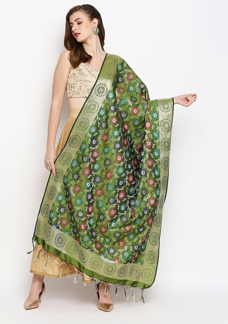Olive Green And Gold Toned Woven Design Dupatta