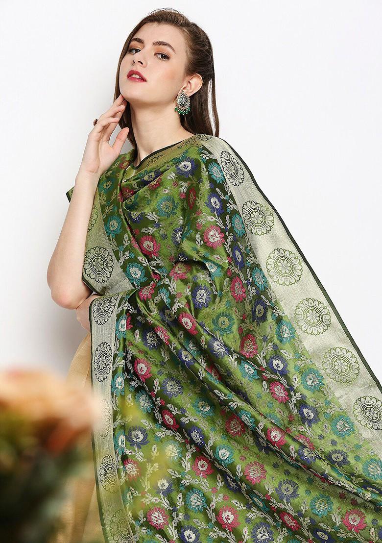Olive Green And Gold Toned Woven Design Dupatta