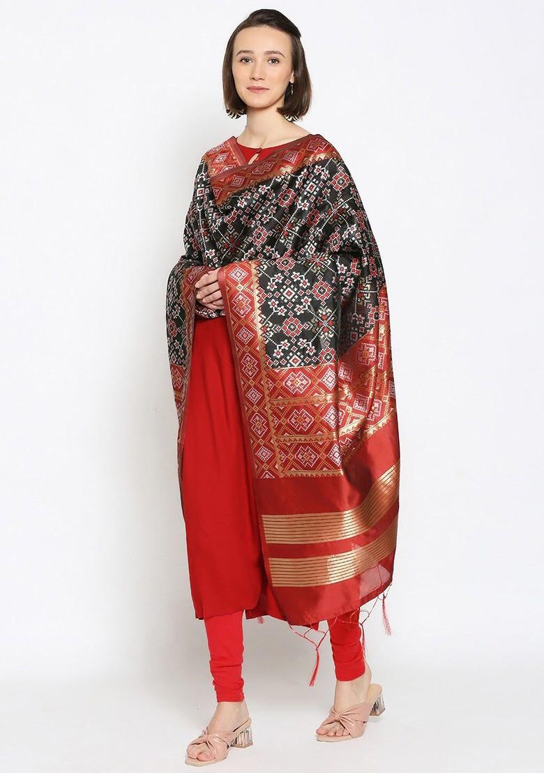Black And Red Ethnic Motifs Banarasi Woven Design Dupatta