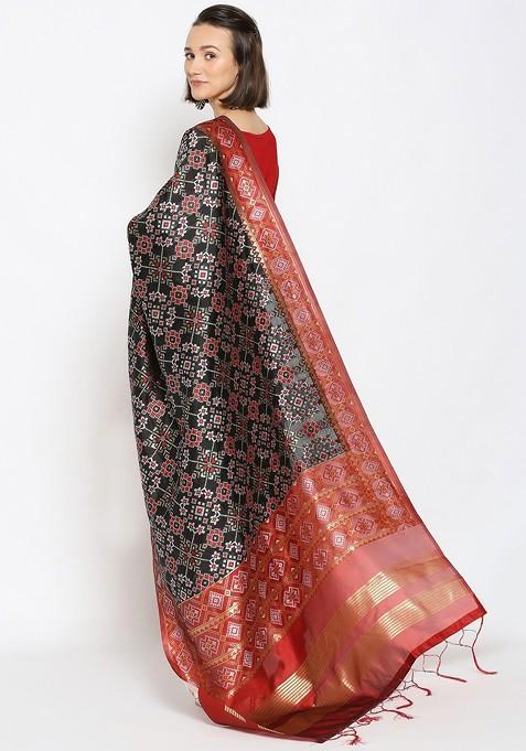 Black And Red Ethnic Motifs Banarasi Woven Design Dupatta
