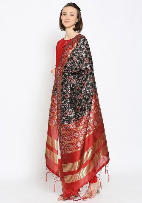 Black And Red Ethnic Motifs Banarasi Woven Design Dupatta