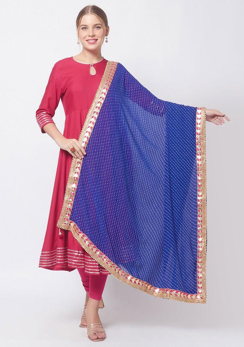 Blue And Pink Printed Bandhani Dupatta With Gotta Patti