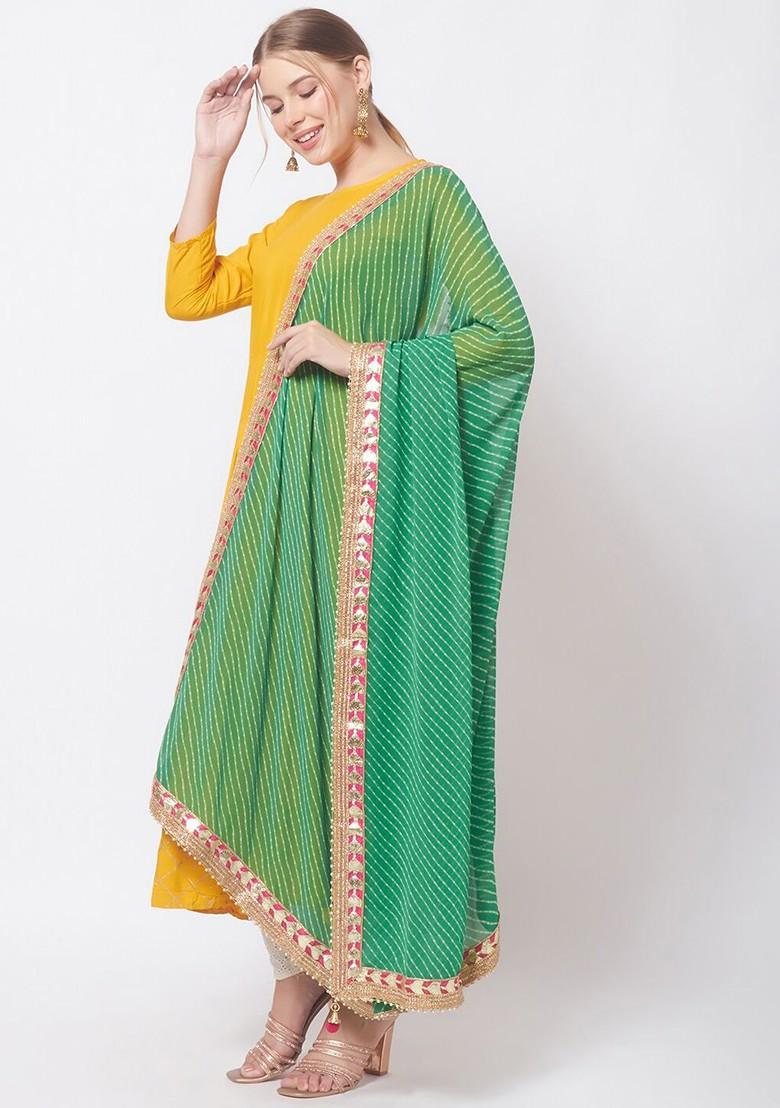 Green And Pink Printed Bandhani Dupatta With Gotta Patti