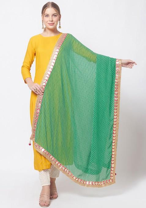 Green And Pink Printed Bandhani Dupatta With Gotta Patti