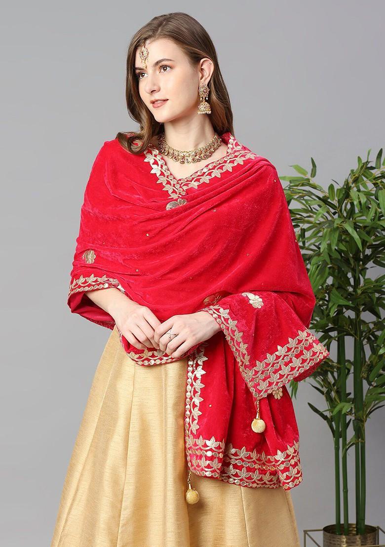 Embroidered Velvet Dupatta With Gotta Patti