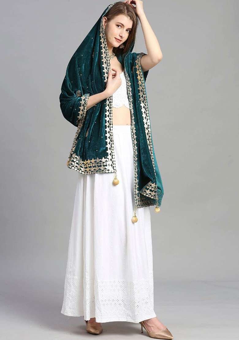 Embroidered Velvet Dupatta - Indya