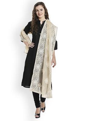 Cream Coloured And Beige Embroidered Dupatta