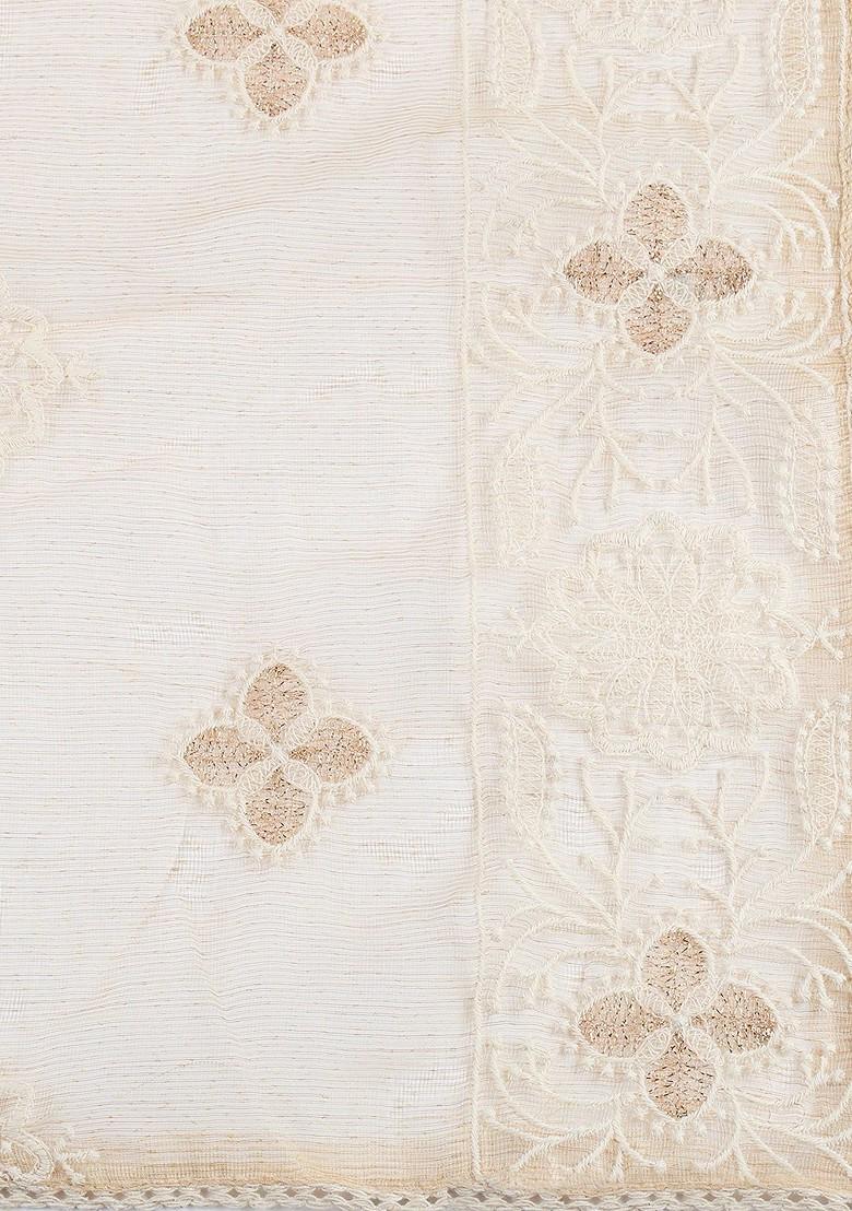 Cream Coloured And Beige Embroidered Dupatta