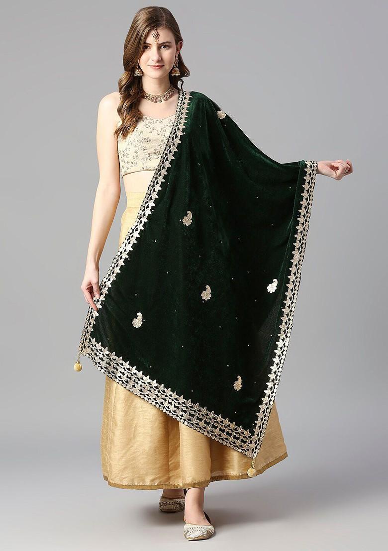 Green And Gold Toned Ethnic Motifs Embroidered Velvet Dupatta With Gotta Patti