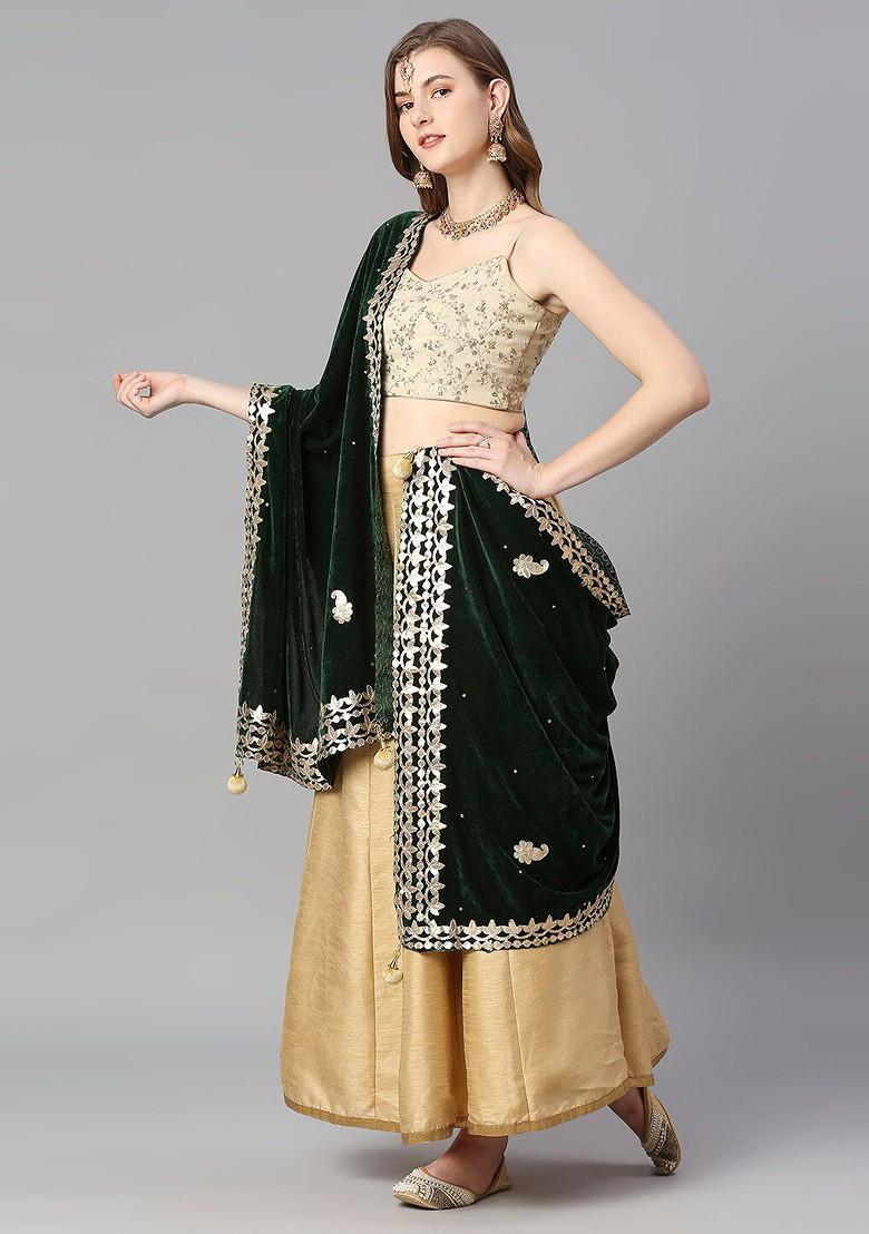 Green And Gold Toned Ethnic Motifs Embroidered Velvet Dupatta With Gotta Patti