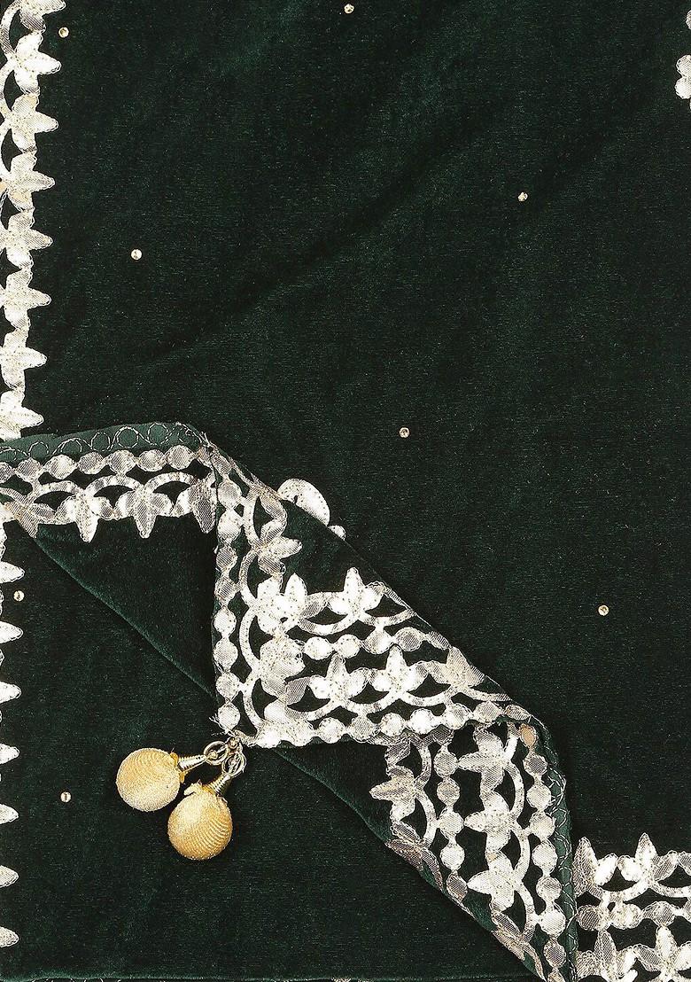 Green And Gold Toned Ethnic Motifs Embroidered Velvet Dupatta With Gotta Patti