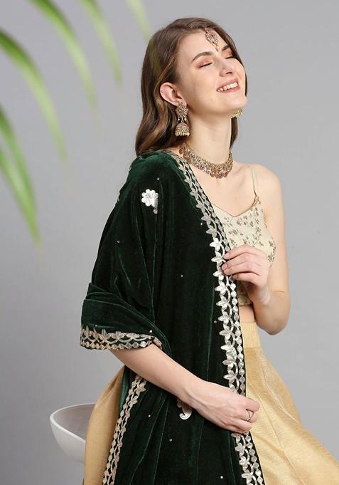 Green And Gold Toned Ethnic Motifs Embroidered Velvet Dupatta With Gotta Patti