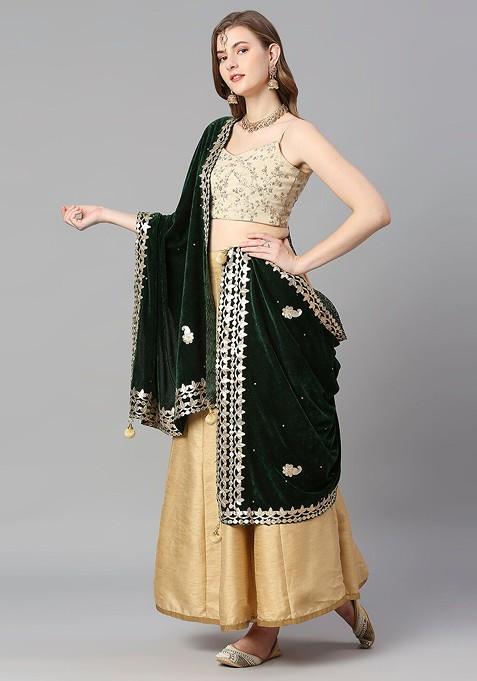 Green And Gold Toned Ethnic Motifs Embroidered Velvet Dupatta With Gotta Patti