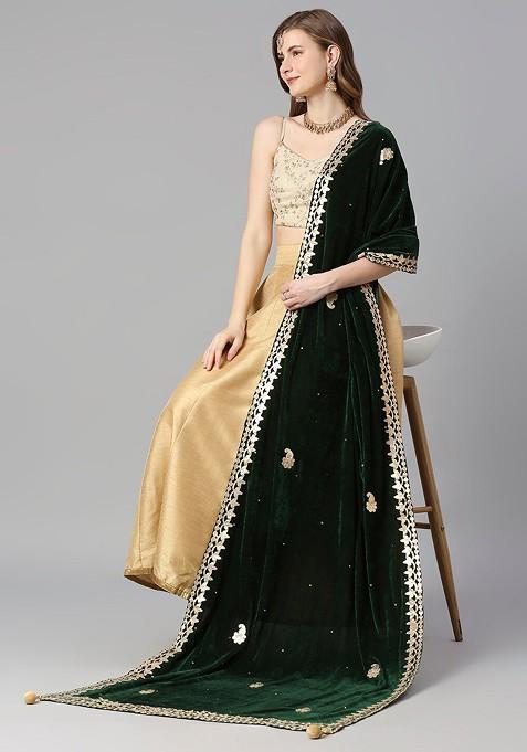 Green And Gold Toned Ethnic Motifs Embroidered Velvet Dupatta With Gotta Patti