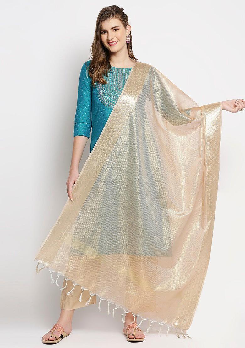 Rose And Gold Toned Woven Design Dupatta With Zari