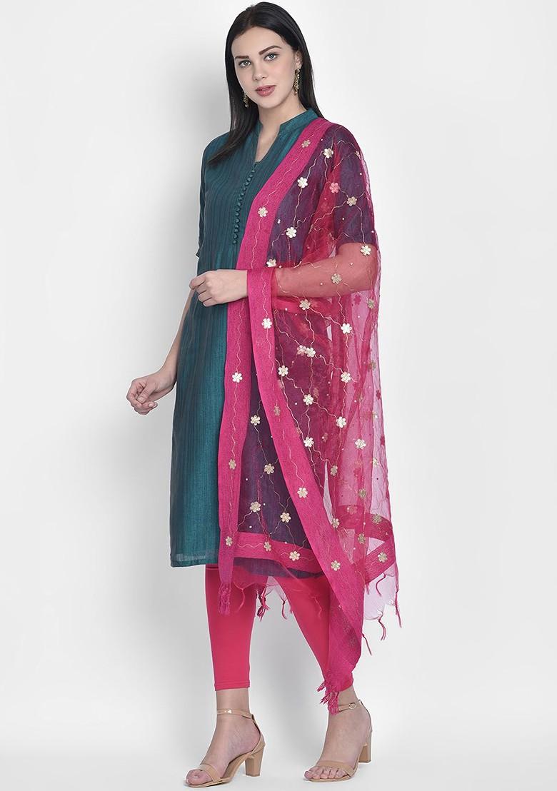 Pink And Gold Toned Embroidered Dupatta