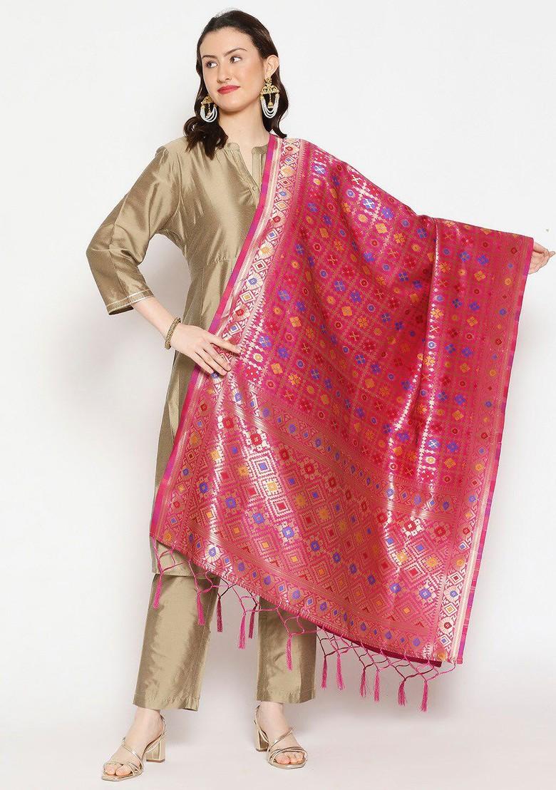 Pink And Blue Ethnic Motifs Woven Design Dupatta