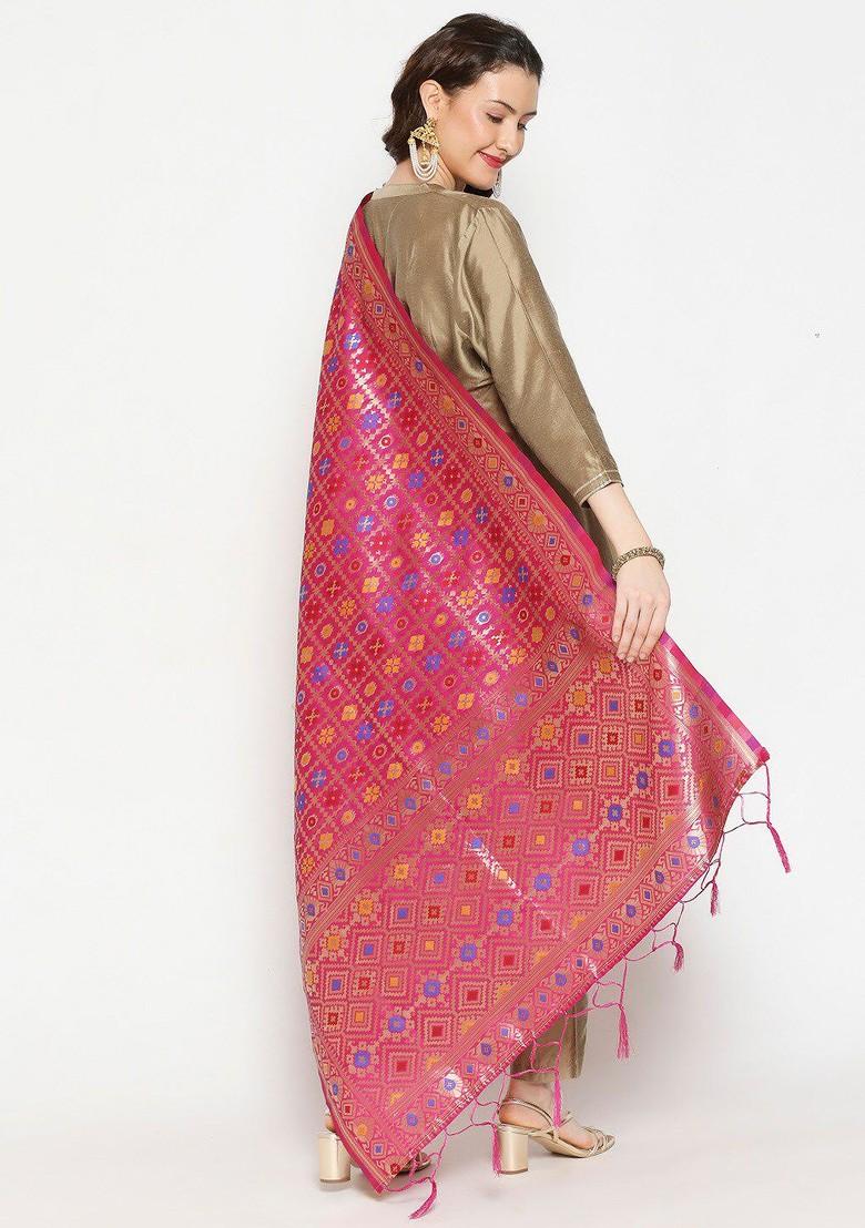 Pink And Blue Ethnic Motifs Woven Design Dupatta