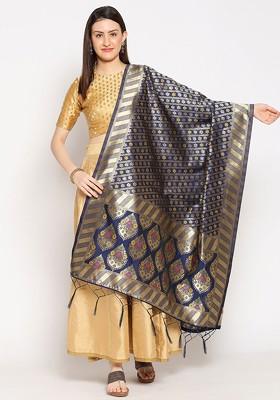 Women Navy Blue Woven Design Banarasi Silk Dupatta