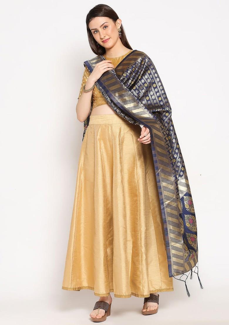 Women Navy Blue Woven Design Banarasi Silk Dupatta