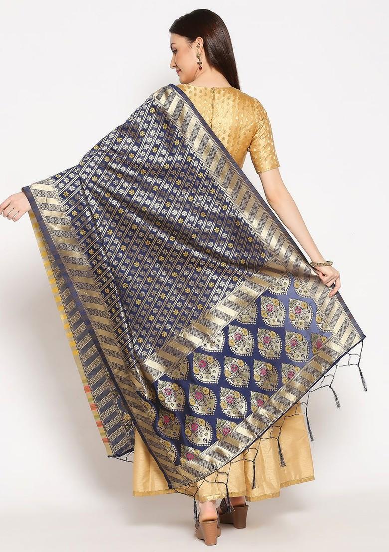 Women Navy Blue Woven Design Banarasi Silk Dupatta