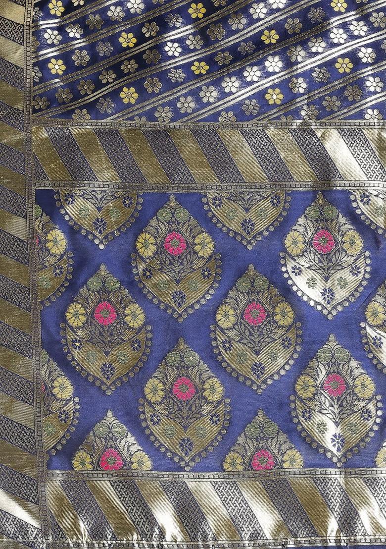 Women Navy Blue Woven Design Banarasi Silk Dupatta