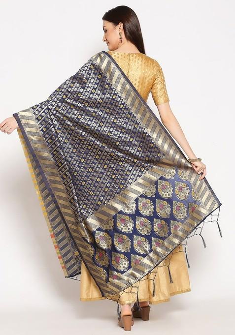 Women Navy Blue Woven Design Banarasi Silk Dupatta
