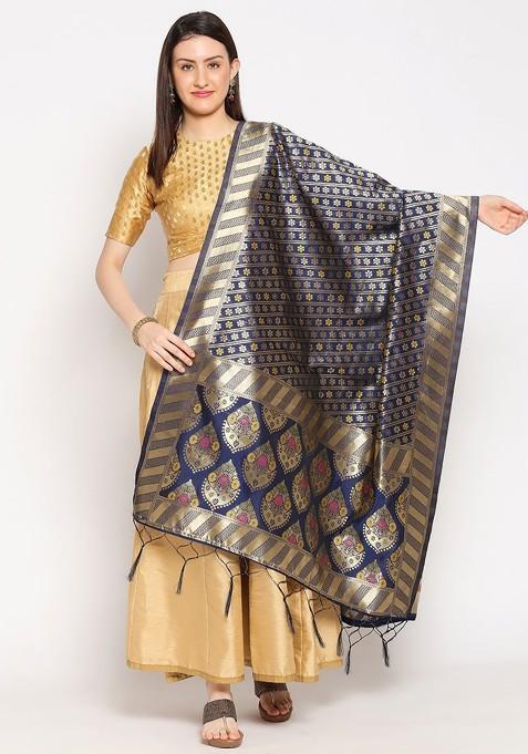 Women Navy Blue Woven Design Banarasi Silk Dupatta