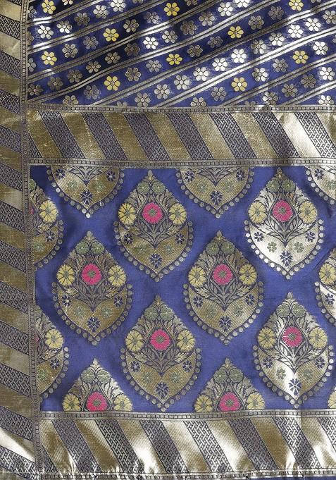 Women Navy Blue Woven Design Banarasi Silk Dupatta