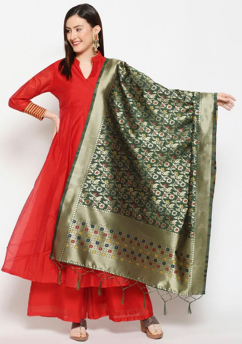 Green And Gold Toned Woven Design Banarasi Silk Dupatta