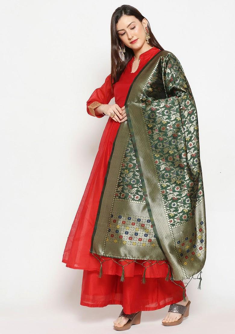 Green And Gold Toned Woven Design Banarasi Silk Dupatta