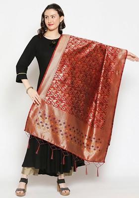 Women Red Woven Design Banarasi Silk Dupatta