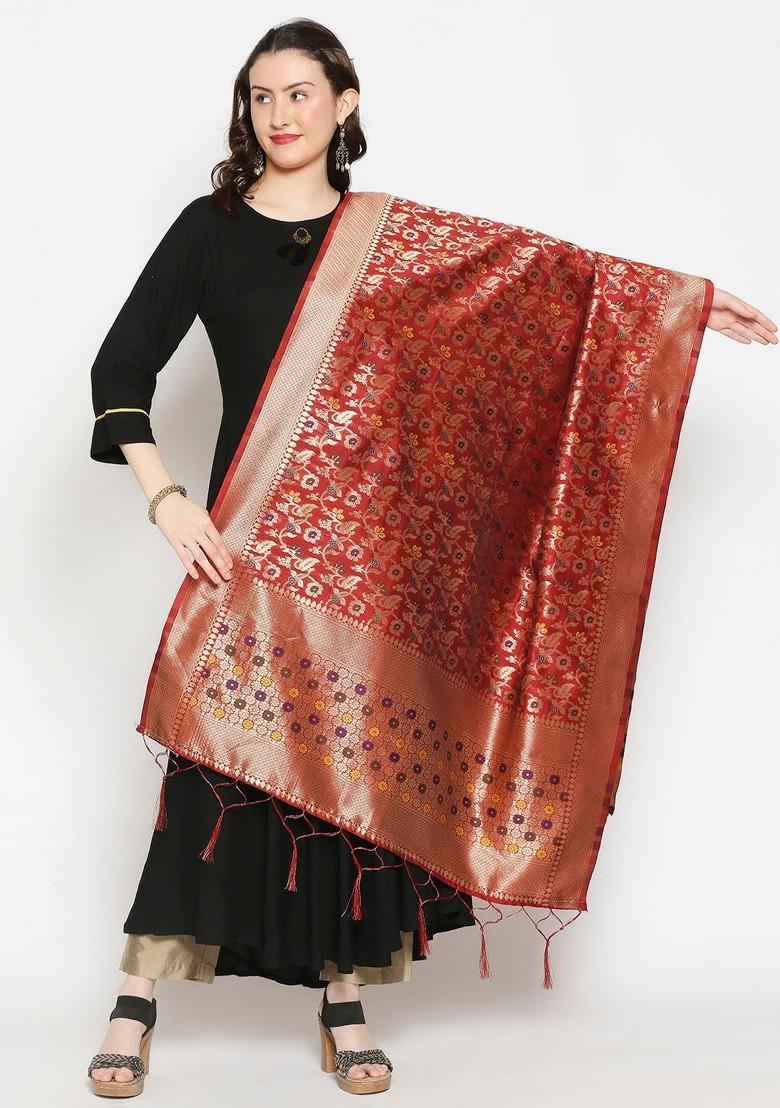 Women Red Woven Design Banarasi Silk Dupatta