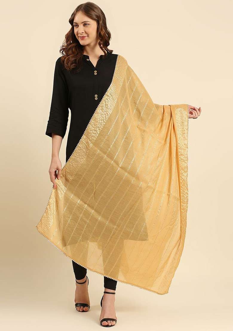 Gold Toned Striped Dupatta With Sequinned - Indya