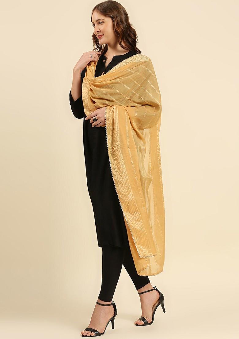 Gold Toned Striped Dupatta With Sequinned