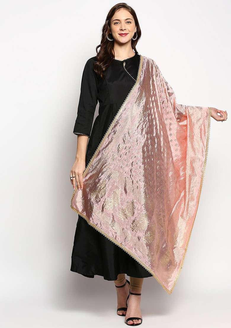 Peach Coloured And Gold Toned Ethnic Motifs Printed Printed Dupatta - Indya