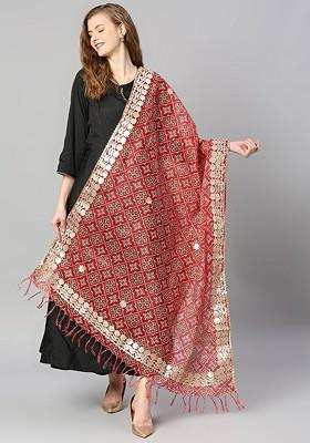 Women Red And Blue Printed Dupatta With Gotta Patti