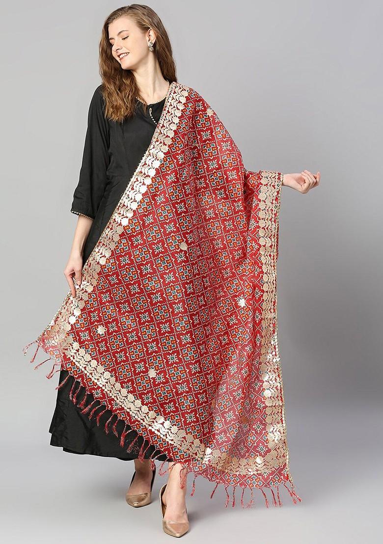 Women Red And Blue Printed Dupatta With Gotta Patti