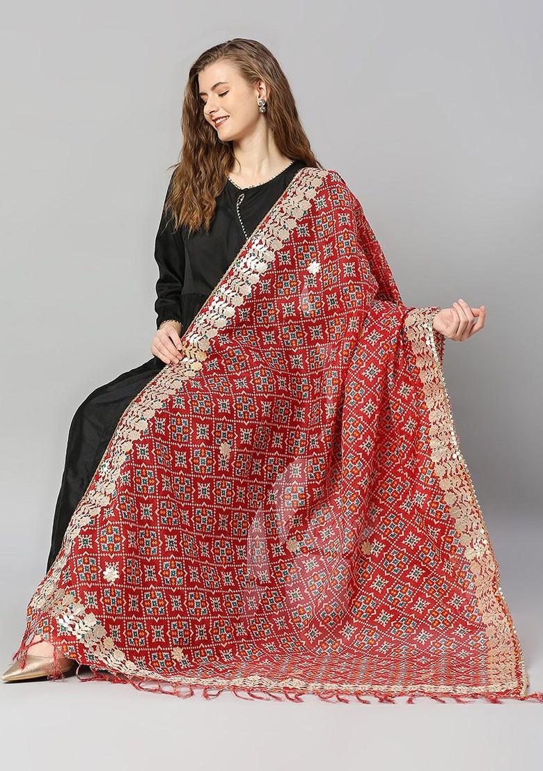 Women Red And Blue Printed Dupatta With Gotta Patti