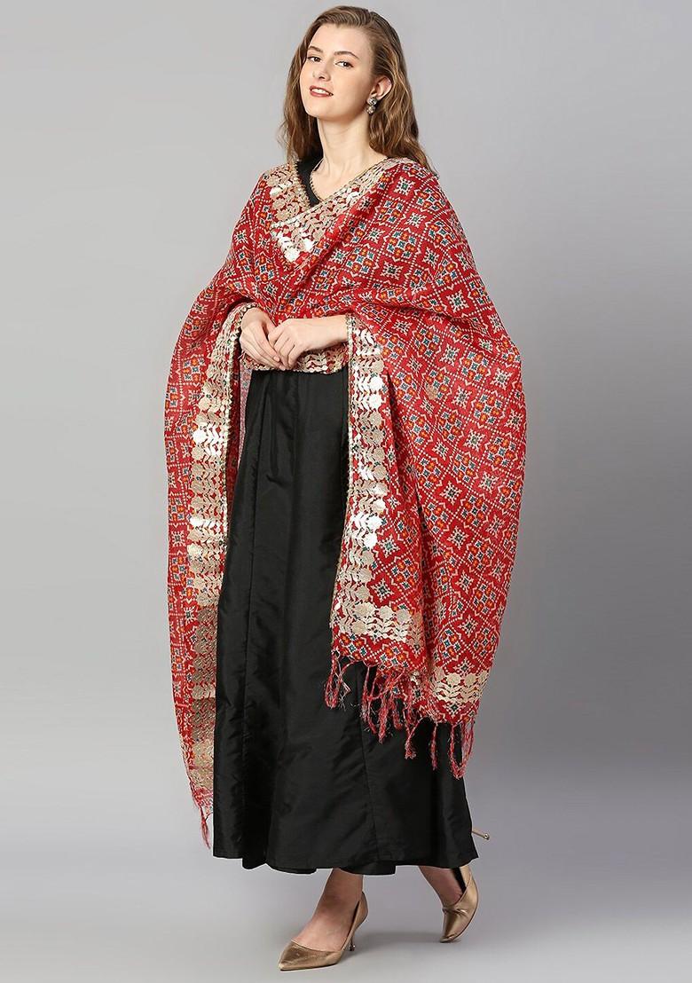 Women Red And Blue Printed Dupatta With Gotta Patti