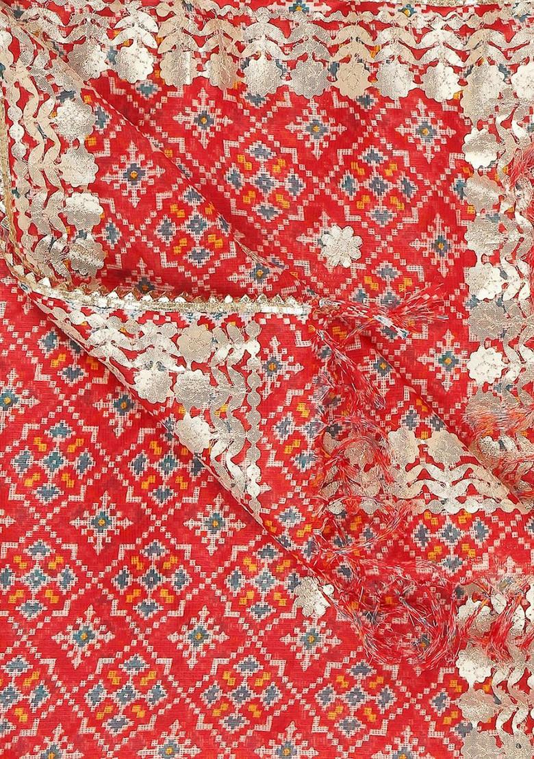 Women Red And Blue Printed Dupatta With Gotta Patti